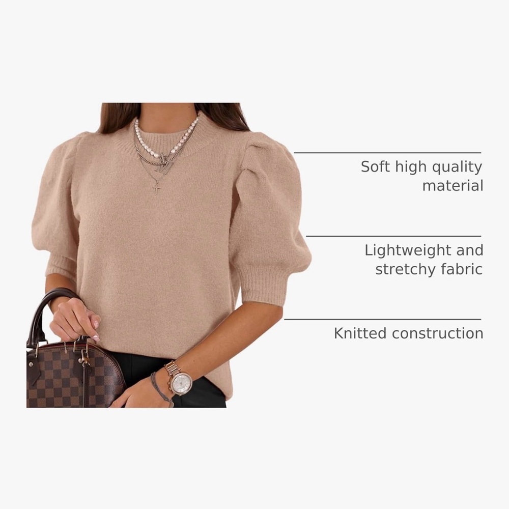 Short Sleeve Puff Shoulder Sweater - Blush Pink - Picture 2 of 5